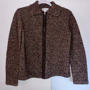 VTG Casual Corner ANNEX Brown Boucle Knit Wool Zip-Up Cardigan Sweater